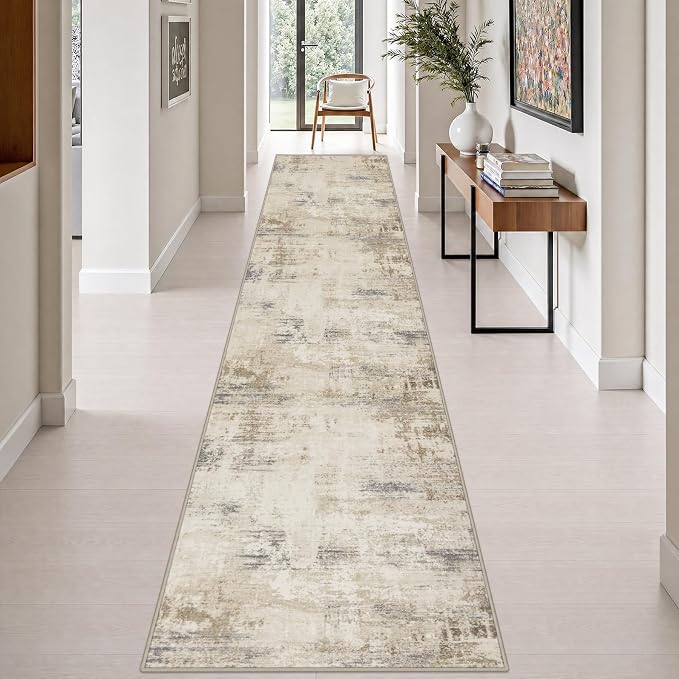 2.6x14 Washable Runner Rug:Modern Abstract Soft Carpet Beige Brown | by FXRHLP