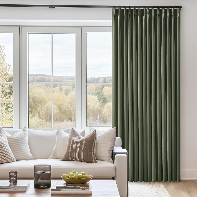 Olive Green Linen 100% Blackout 120 Inch Curtains by Twodrapes