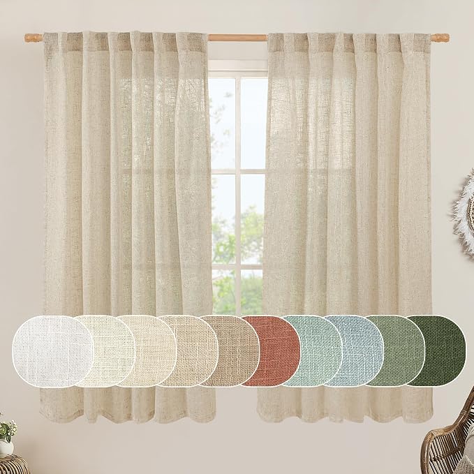Semi Sheer Linen Curtains 60 Inch Length, Light Filtering Panels | Window by LAMIT