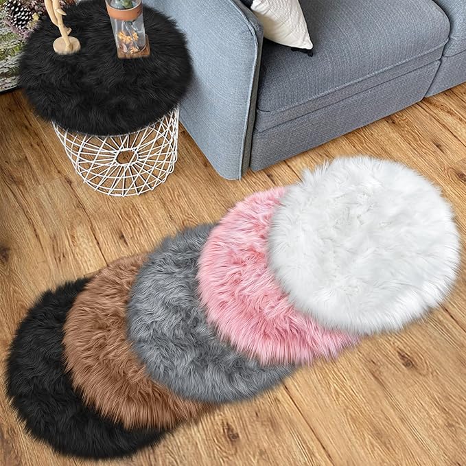 15.7 Inches Mini Black Round Faux Fur Sheepskin Area Rug, Fluffy Small Circle - Image 6