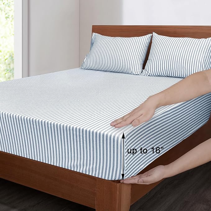 Mejoroom Striped King Size Sheet Set - Soft Microfiber Bed Sheets,Deep Pocket Fitted Sheet, Soft, Breathable, Wrinkle & Fade Resistant - 4 Piece (Blue Stripe)
