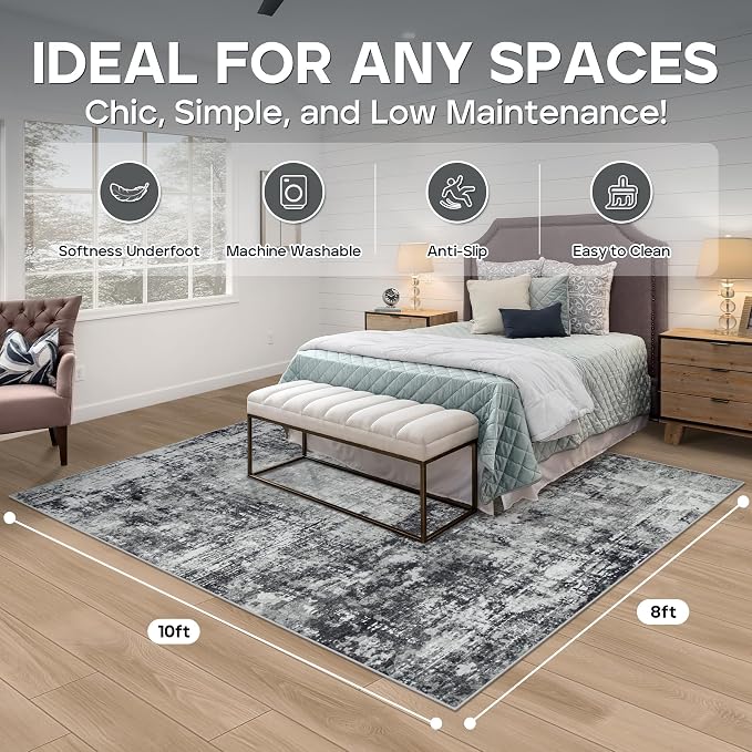 8x10 Area Rugs for Living Room Bedroom Dining Room Washable Black Grey | Soft - Image 2