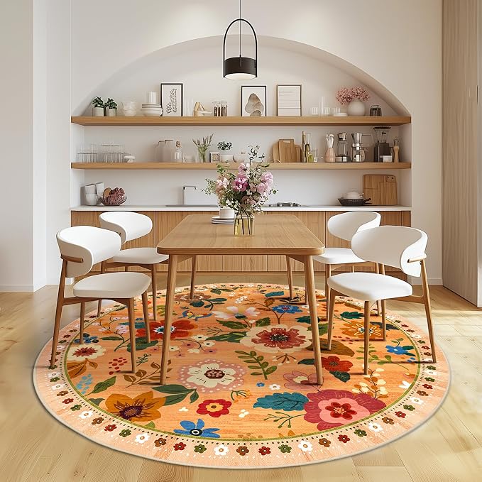 RELEANY Floral Washable Round 8ft Area Rug Yellow/Orange/Red | Flower Carpet - Image 2