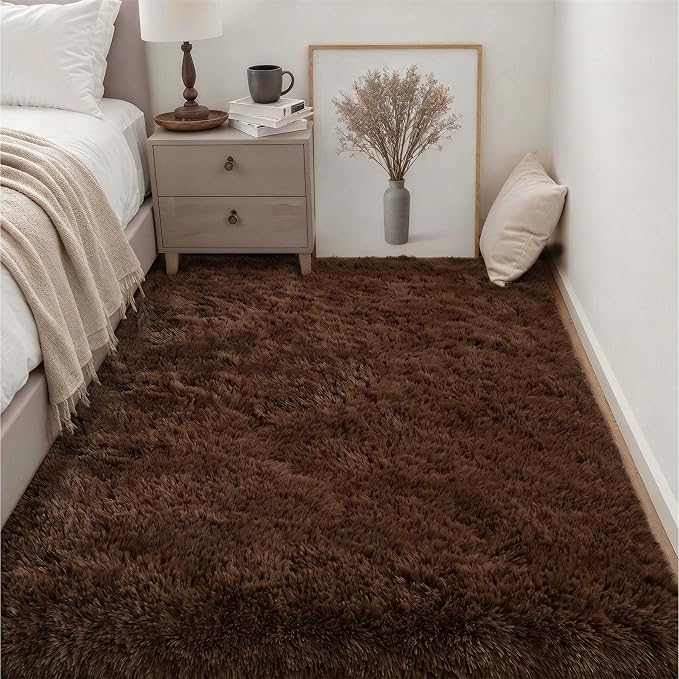 Area Rug Living Room Bedroom: 5x7 Fluffy Plush Shag Carpet Brown | - Image 3