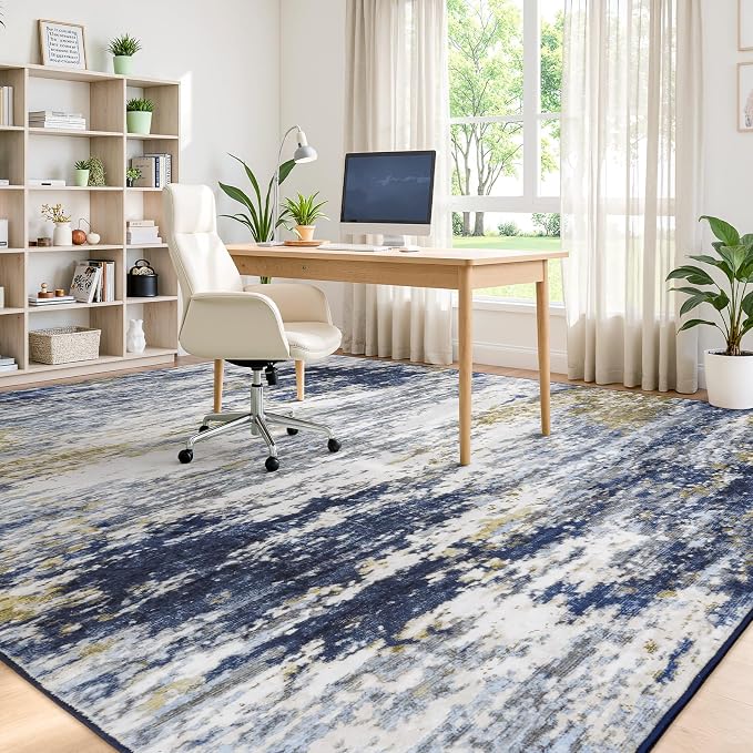 8x10 Area Rug for Living Room, Abstract Washable Large Rugs, Dark Blue | - Image 6