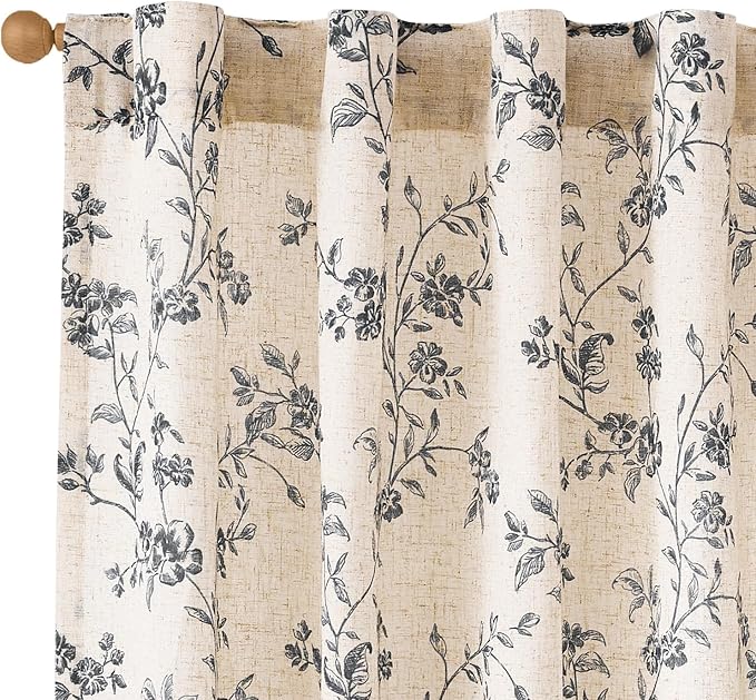 Extra Long Black Vintage Floral Linen Curtains Farmhouse 2 Panels | Elisa Series by Lazzzy