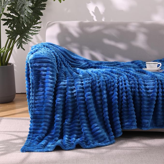 Classic Blue Throw Blanket for Couch Sofa 50"x60" Striped Design | Fleece - Image 2