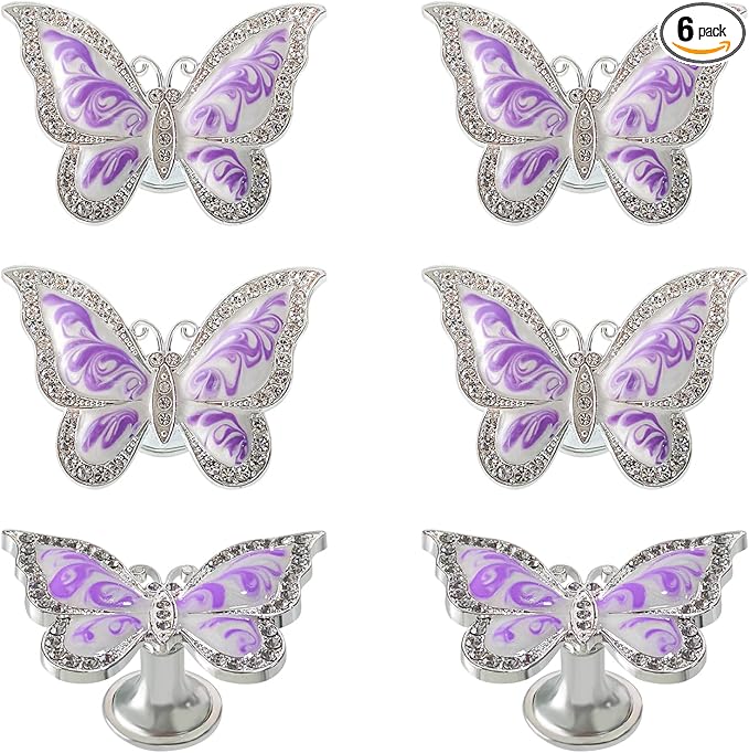 Butterfly Cabinet Knobs,6 Pieces Butterfly Knobs Single Hole Pulls Handles Decorative Door Cabinet Drawer Cupboard Furniture Door Wardrobe (Purple)