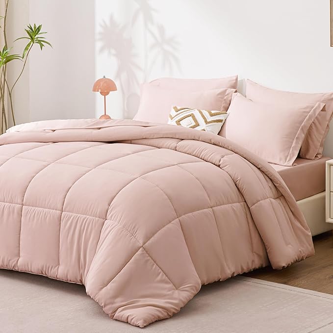 Love's cabin King Size Comforter Set Blush Pink, 7 Pieces King Bed in a Bag, All Season Bedding Sets with 1 Comforter, 1 Flat Sheet, 1 Fitted Sheet, 2 Pillowcase and 2 Pillow Sham