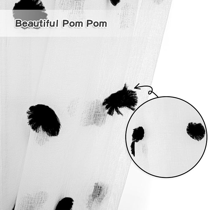 MYSKY HOME Short Pom Pom Sheer Curtains for Bedroom, Kitchen, Bathroom, Nursery, Boys Kids Room - Black, 52" x 54", Rod Pocket, 2 Panels, Halloween Small Window Curtains