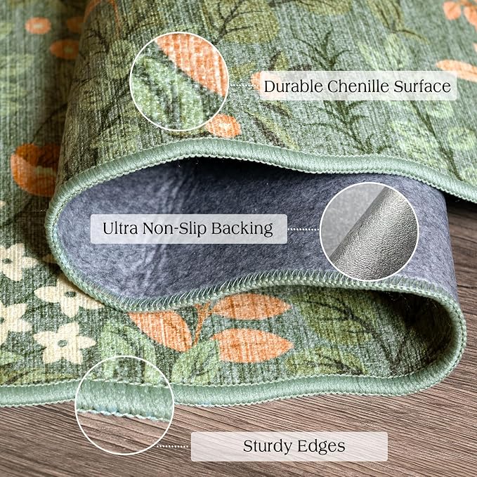Front Door Mat Indoor Outside Entrance, 2x3 Sage Green Floral Rug | Non-Slip - Image 3