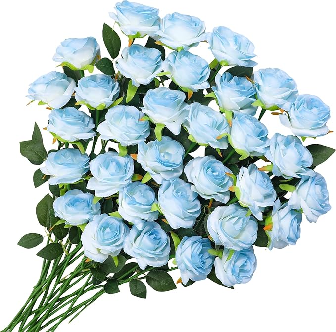 68 Pcs Ice Blue Artificial Roses Fake Flowers,Silk Flowers with Stems for DIY Wedding Bridal Shower Centerpieces Arrangements Tables Decorations