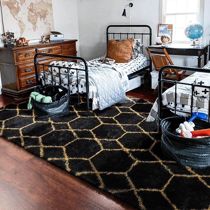 7x9 Area Rugs for Living Room Bedroom, Fluffy Black and Gold Geometric Rug | - Image 8