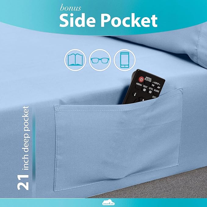 DREAMCARE Twin Sheets - 3pcs Cooling Sheets up to 21' Extra Deep Pocket Twin Bed Sheets - Twin Sheet Set - Soft & Long Lasting 100% Fine Brushed Polyester with Side Pocket - L Blue