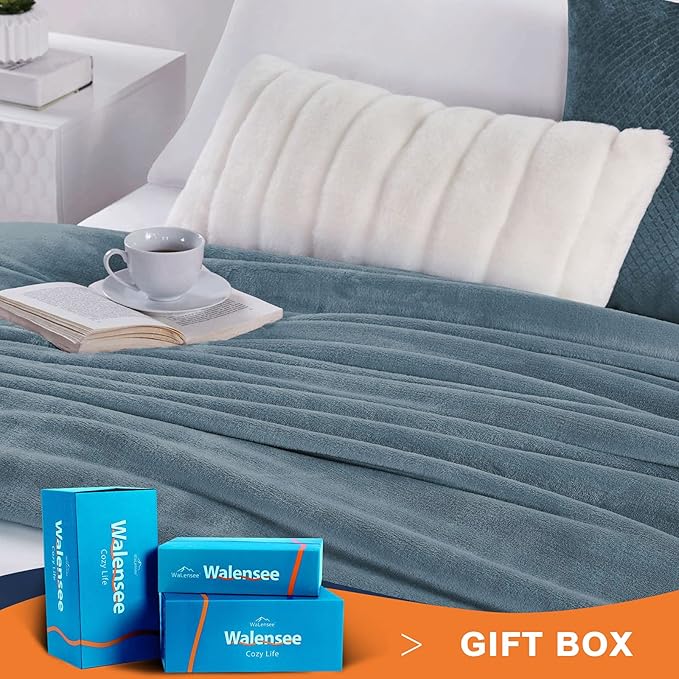 Walensee Fleece Blanket Plush Throw Fuzzy Lightweight (King Size 108x90 Washed Blue/Slate Blue/Grey Blue) Super Soft Microfiber Flannel Blankets for Couch, Bed, Sofa Warm and Cozy for All Seasons