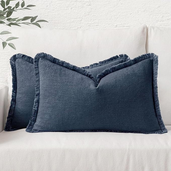 MIULEE Boho Linen Decorative Lumbar Throw Pillow Covers Indigo Blue 12x20 | Set by MIULEE