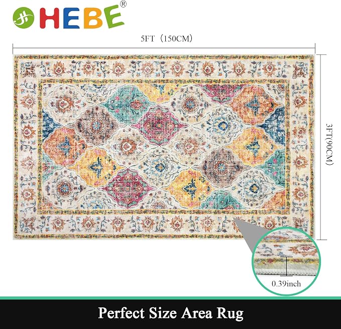 HEBE Area Rug for Entryway 3'x5', Washable Non Slip Boho Bedroom Rug | Soft - Image 2