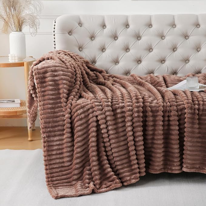 Chocolate Throw Blanket for Couch Sofa 108x90 inches Striped Design | Fleece - Image 5