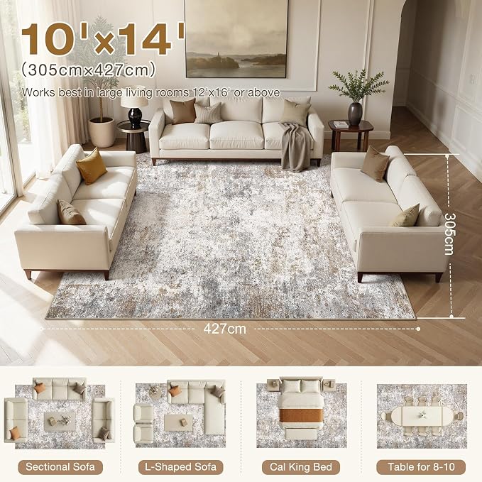 UERMEI 10x14 Area Rug Living Room Rugs Washable Neutral Brown Grey Carpet | - Image 2