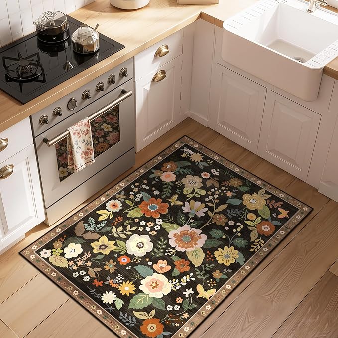 RELEANY Floral Washable 2x3 Area Rugs Doormat Black/Yellow | Flower Carpet - Image 2