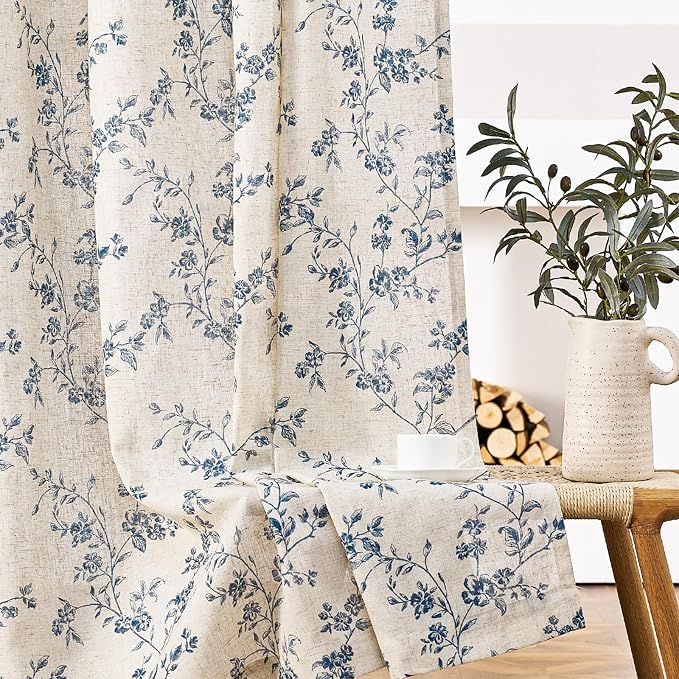 Blue Vintage Floral Linen Curtains Farmhouse 50W X 90L 2 Panels | Elisa Series - Image 8