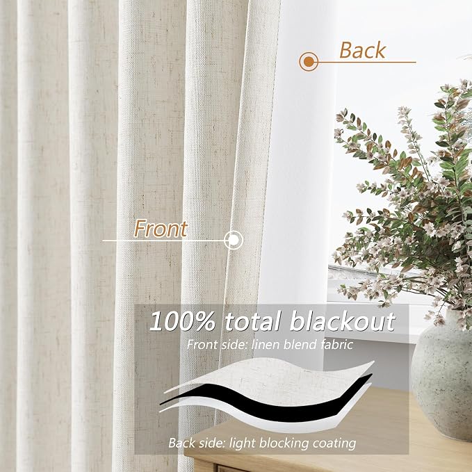 Beige White 100% Blackout Linen Curtains 80 Inch Length 2 Panels Set - Image 4