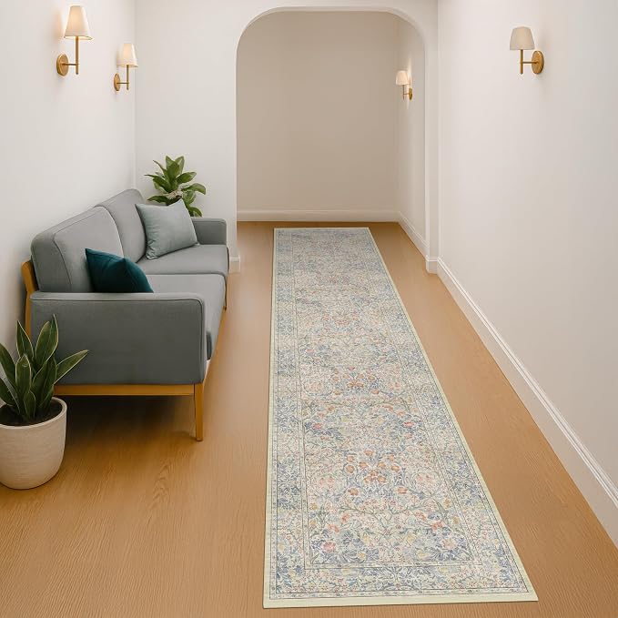 Washable Beige Blue 2x10 Runner Rug - Image 6