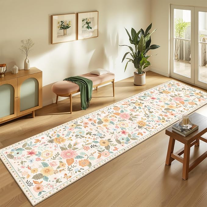 Floral Washable 2x8 Area Rugs Runner Entryway Hallway Beige/White/Orange | - Image 2