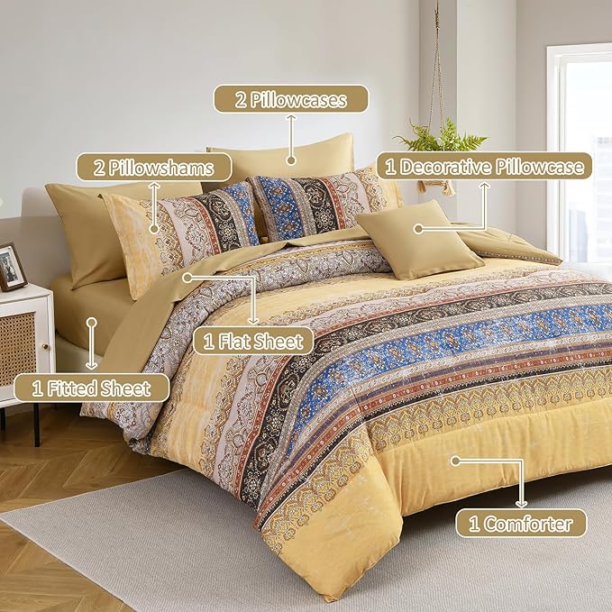 Boho Queen Comforter Set 8 Pieces, Yellow Bohemian Striped Bed in a Bag, Paisley Soft Microfiber Bedding Comforter Set