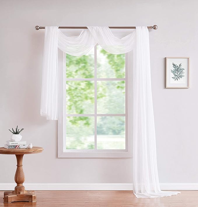 LinenZone White Window Scarf Valance in 216 Inch Size. Use Window Scarves as Canopy Bed or Backdrop Curtains, Curtain Scarf, or Sheer Fabric for Draping. (Amazing 55 x 216, White)