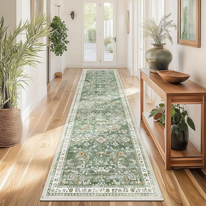 Yamaziot 2x8 Washable Hallway Runner Rug Non Slip Floral Carpet, Sage Green | by Yamaziot