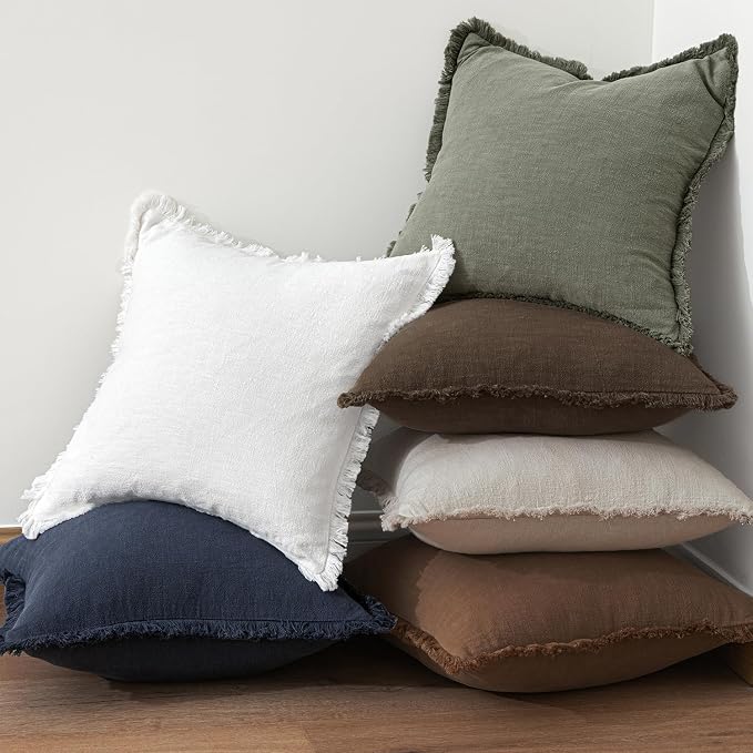 MIULEE Linen Fringe Decorative Euro Pillow Covers Chocolate Brown 22x22 | Set - Image 6