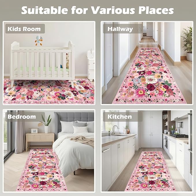 Pink Floral Hallway Runner Rug 2x6 - Image 4