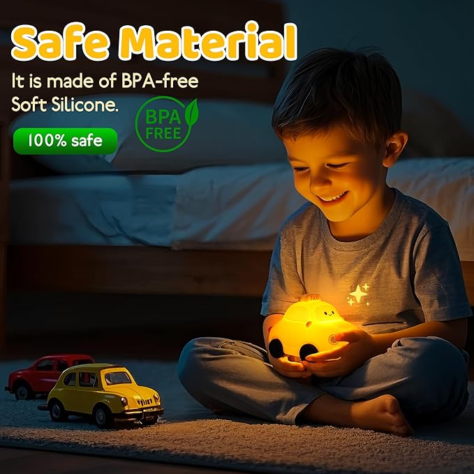 Car Night Light for Kids - 2-in-1 Dimmer & Timer, Rechargeable Squishy Silicone Baby Lamp, Cute Taxi Car Nightlight for Boys Girls Birthday Xmas Gifts Bedroom Decor Lamp