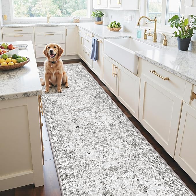 Grey Floral Hallway Runner Rug for Kitchen Bathroom 2'6''x14' | Ultra-Thin; Non - Image 5