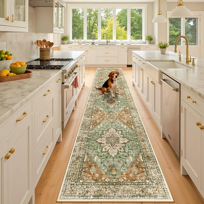RELEANY Washable Area Rug, Runner 2'x10', Brick/Brown/Green | Non-Slip by RELEANY