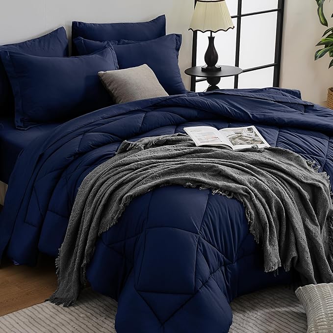 HEVUMYI Navy Blue Cali-King Comforter Set - 7-Piece All Season Bed in a Bag Cali-King, Ultra Soft Bedding Set with Comforter, Flat Sheet, Fitted Sheet, Pillowcases, Pillow Shams, Navy Blue