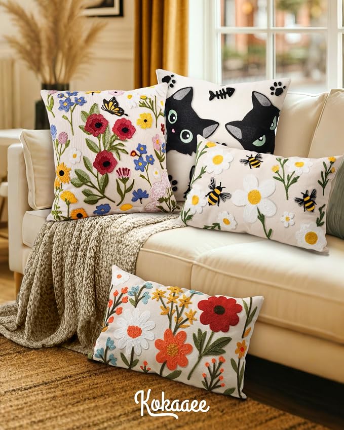 Embroidered Throw Pillow Cover 20x20 Inch, Retro Flower | Decorative Pillow - Image 6