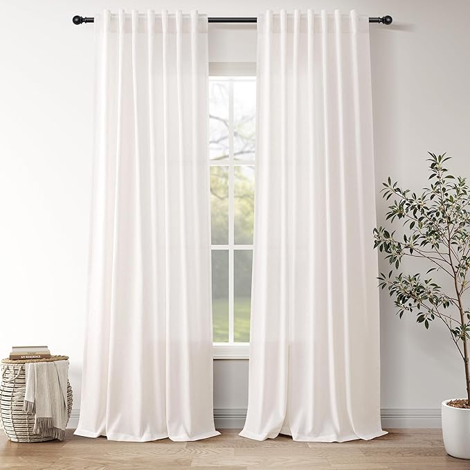 Ivory White Linen Curtains for Living Room 100 Inches Long Light Filtering Semi by Nanspring