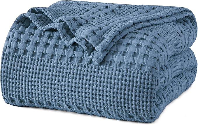 PHF 100% Cotton Waffle Weave Blanket Twin Size for Bed, Soft Lightweight & Breathable, All-Season Comfort, Luxury Aesthetic Woven Bedding for Home Decor, 66"x90", Denim Blue