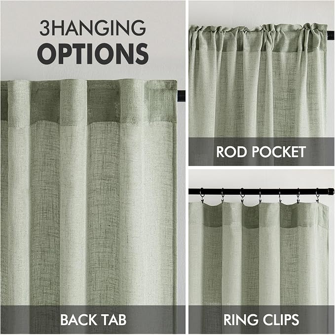 MIULEE Sage Linen Curtains 52x45 Inch Long 2 Panels of Green Window Drapes | - Image 3