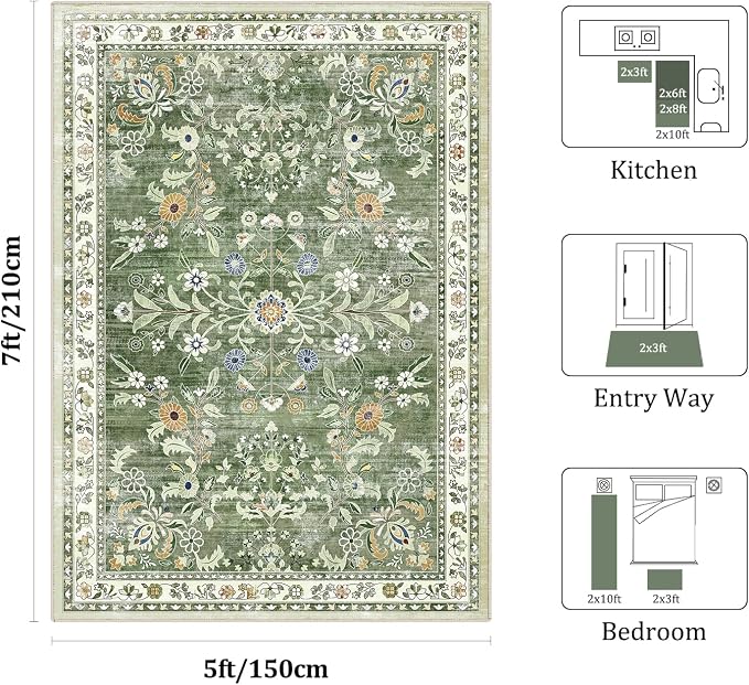 Yamaziot 5x7 Washable Area Rug for Living Room Floral Carpet Sage Green | Non - Image 2