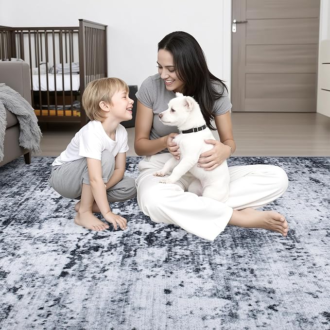 Area Rug Living Room: 4x4 Modern Washable Indoor Carpet Black | - Image 10
