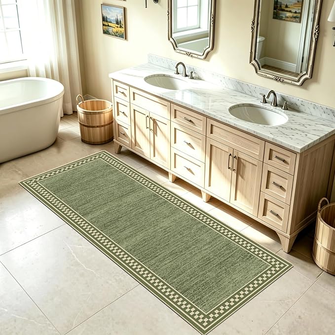 Faux Linen Washable Runner Rug Absorbent Surface 2x6 Moss Green | Non-Slip TPR - Image 2