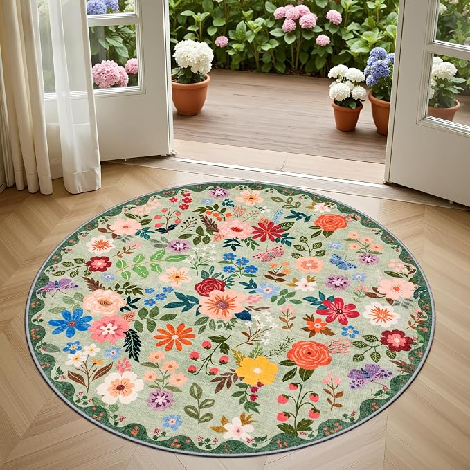 PLHXFR Round Area Rug Living Room: 4 ft Floral Washable Soft Carpet Green | - Image 2