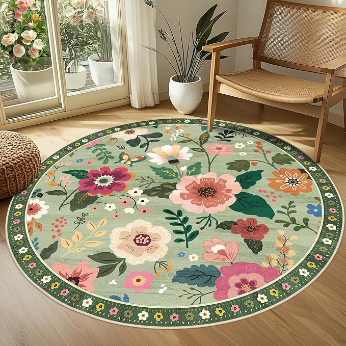 RELEANY Floral Washable Round 4ft Area Rug LightGreen | Flower Carpet Print - Image 2
