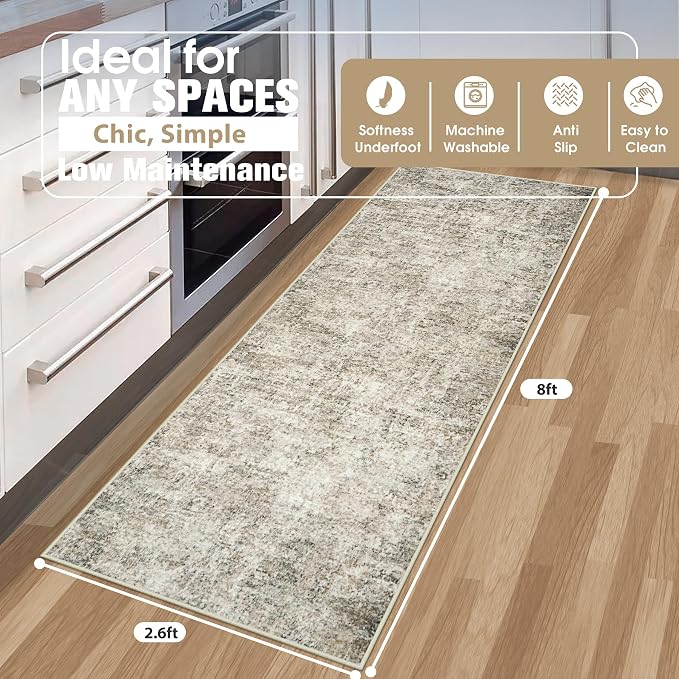Runner Rugs for Hallways Kitchen 2.6x8 Non Slip Washable Beige Brown | Modern - Image 2