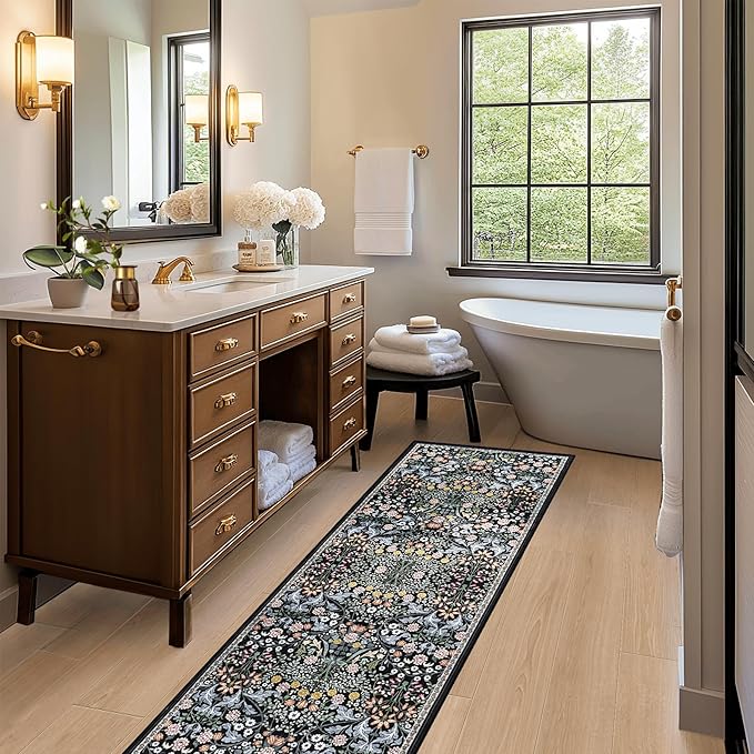 PLHXFR 2.6x8 Washable Runner Rug：Floral Indoor Kitchen Carpet Dark Black | - Image 5