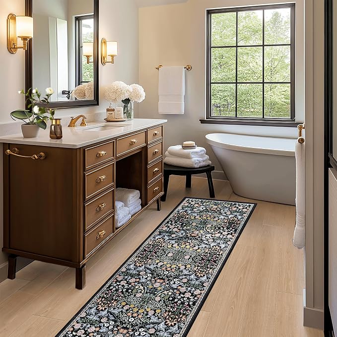 PLHXFR 2x6 Washable Runner Rug：Floral Indoor Kitchen Carpet Dark Black | - Image 5