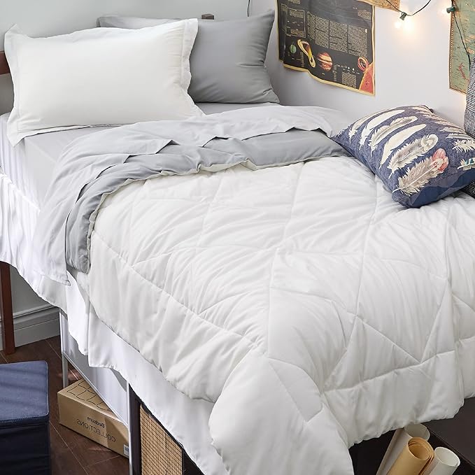 Bedsure Twin XL Comforter Set - 5 Pieces Reversible White and Grey Bedding, Twin XL Bed Set for All Seasons, Bed in a Bag with Down Alternative Comforter, Grey Sheets, Pillowcase & Sham